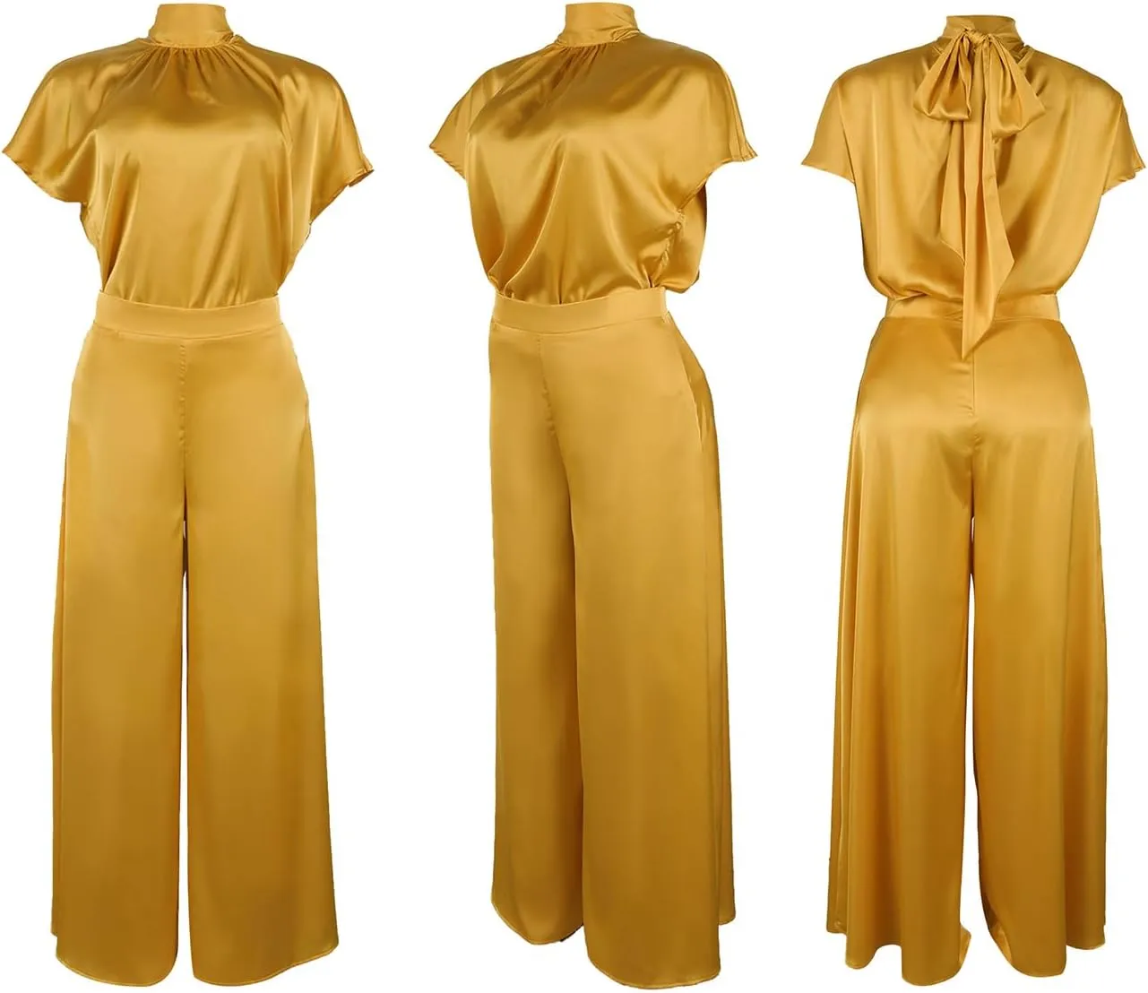 Ecirod Womens 2 Piece Church Outfits Turtleneck Bow Tie Cap Sleeve Tops High Waisted Flowy Wide Leg Palazzo Pants Set