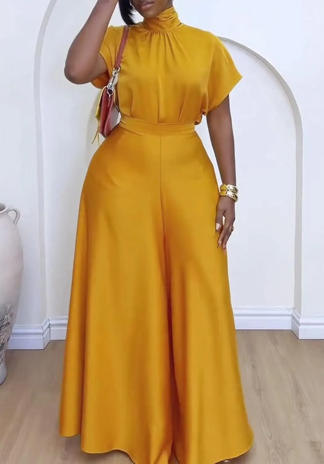 Ecirod Womens 2 Piece Church Outfits Turtleneck Bow Tie Cap Sleeve Tops High Waisted Flowy Wide Leg Palazzo Pants Set