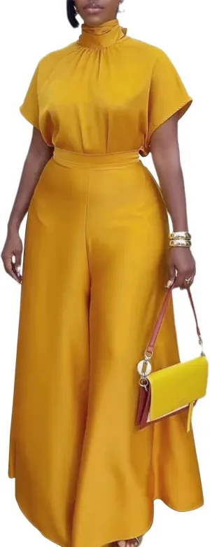Ecirod Womens 2 Piece Church Outfits Turtleneck Bow Tie Cap Sleeve Tops High Waisted Flowy Wide Leg Palazzo Pants Set