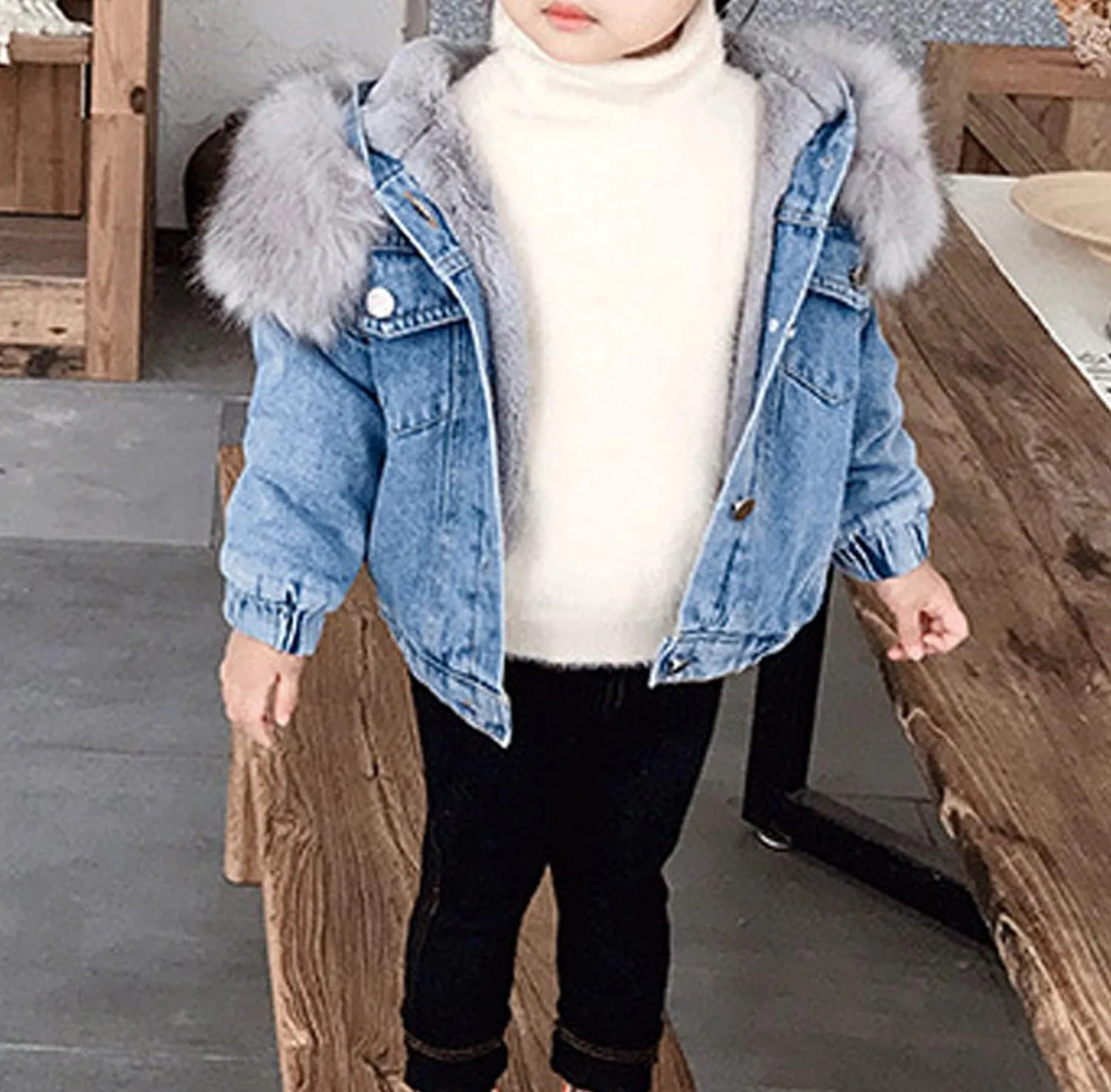 EISHOW Toddler Baby Girls Denim Jacket Faux Fur Collar Hooded Jean Coat Warm Thicken Fleece Lined Plush Jean Outwear Snowsuit