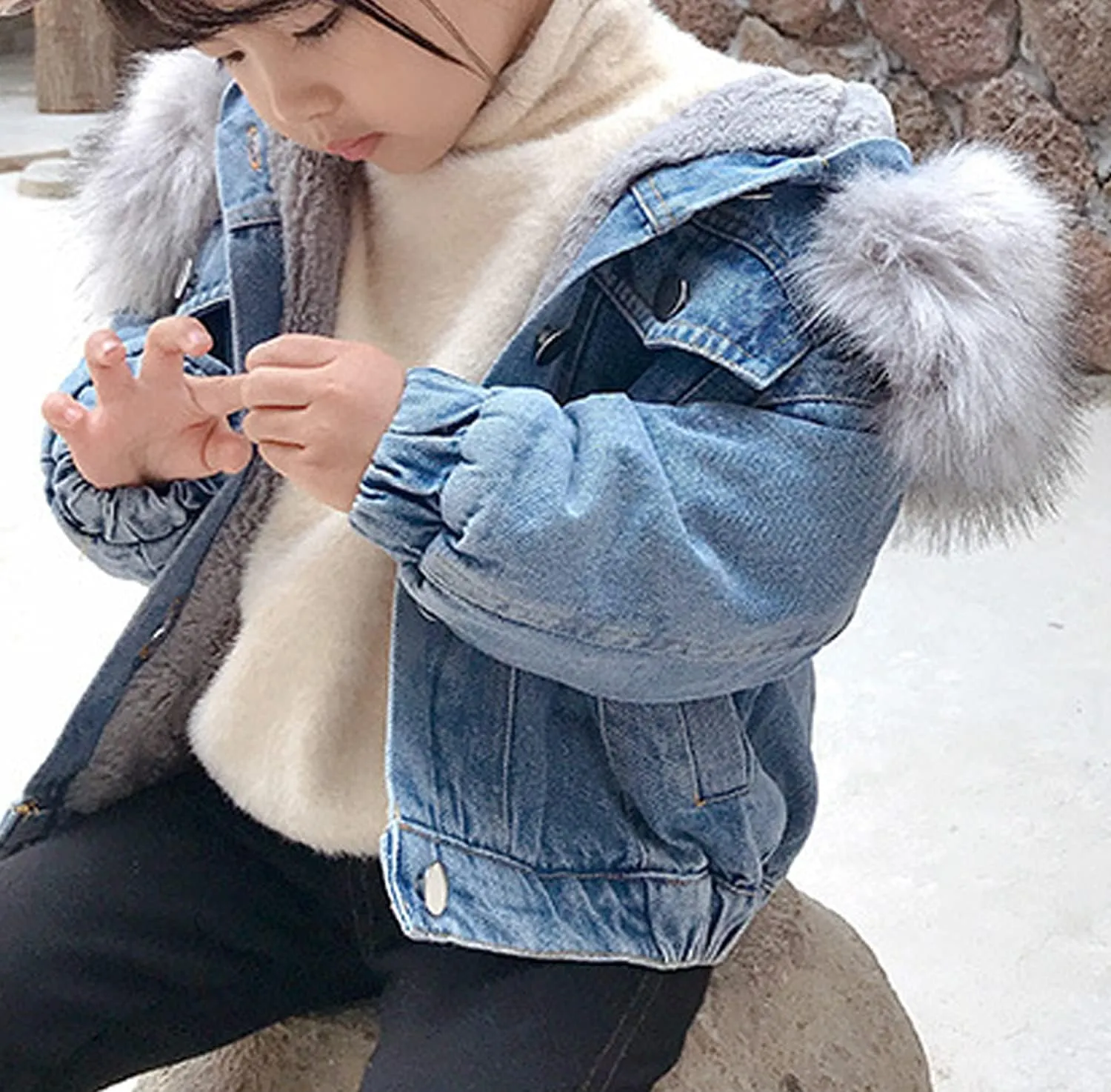 EISHOW Toddler Baby Girls Denim Jacket Faux Fur Collar Hooded Jean Coat Warm Thicken Fleece Lined Plush Jean Outwear Snowsuit