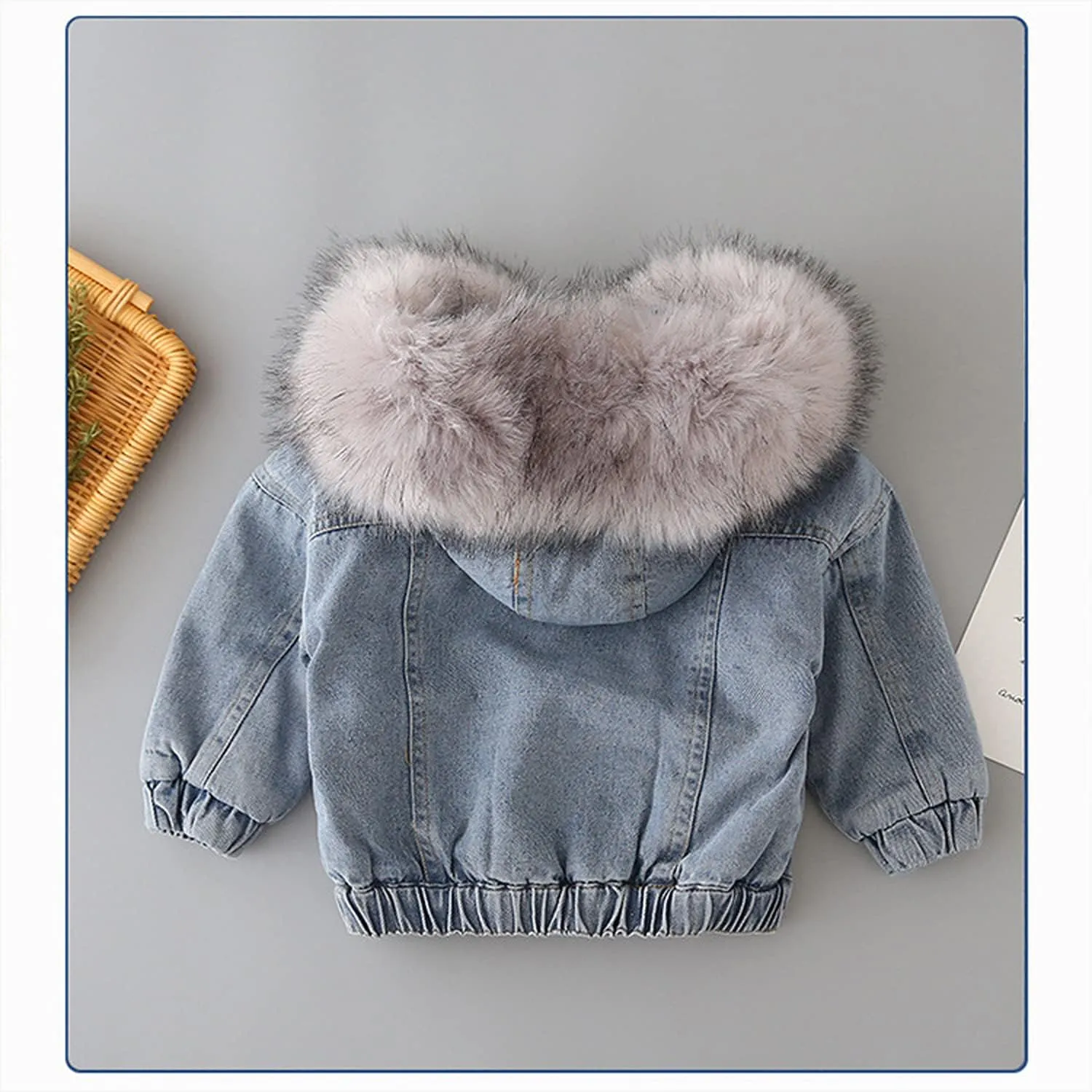 EISHOW Toddler Baby Girls Denim Jacket Faux Fur Collar Hooded Jean Coat Warm Thicken Fleece Lined Plush Jean Outwear Snowsuit