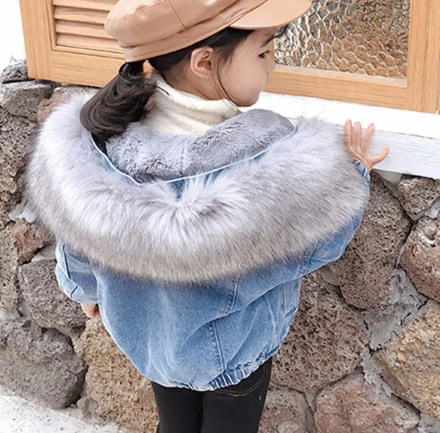 EISHOW Toddler Baby Girls Denim Jacket Faux Fur Collar Hooded Jean Coat Warm Thicken Fleece Lined Plush Jean Outwear Snowsuit