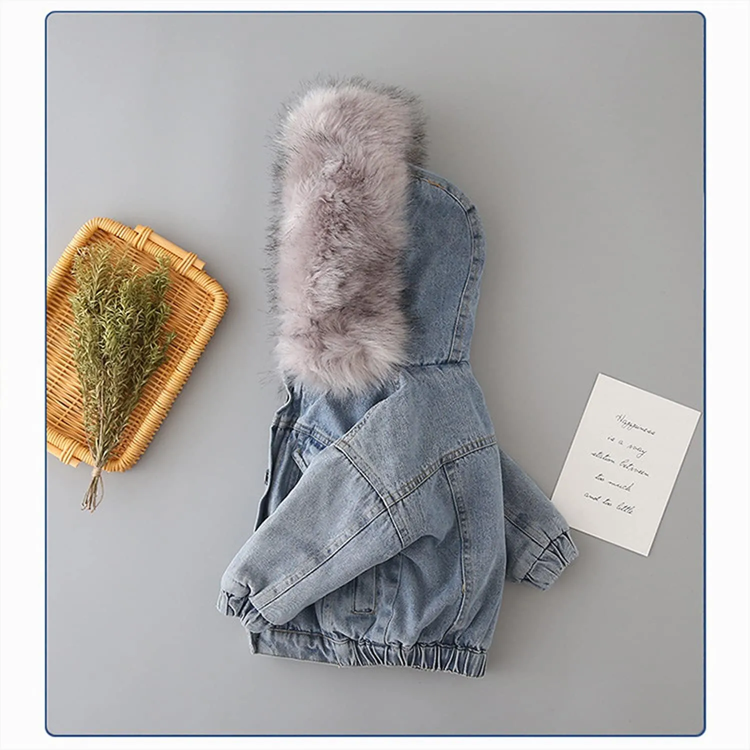EISHOW Toddler Baby Girls Denim Jacket Faux Fur Collar Hooded Jean Coat Warm Thicken Fleece Lined Plush Jean Outwear Snowsuit