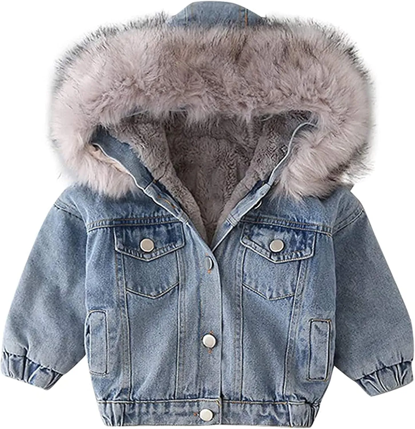 EISHOW Toddler Baby Girls Denim Jacket Faux Fur Collar Hooded Jean Coat Warm Thicken Fleece Lined Plush Jean Outwear Snowsuit