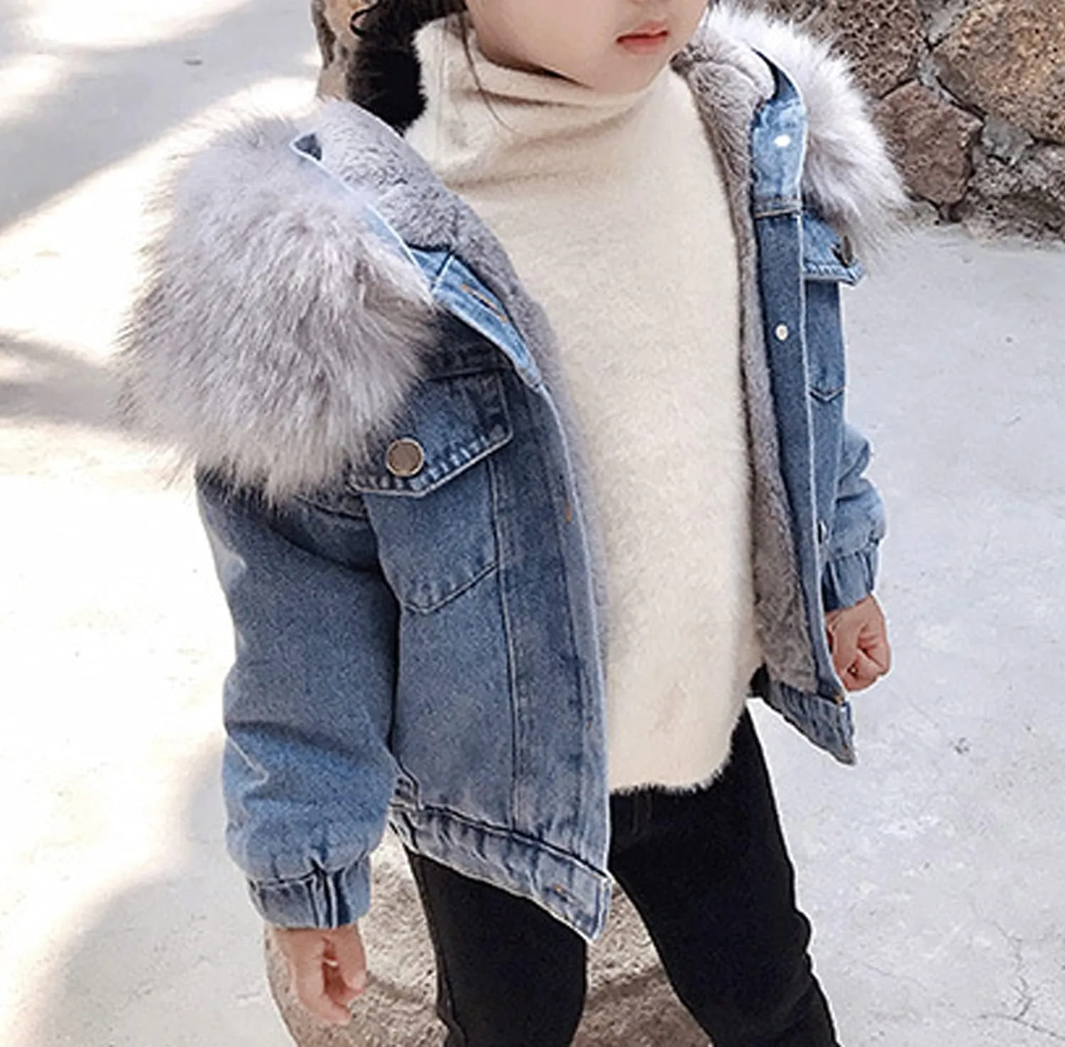 EISHOW Toddler Baby Girls Denim Jacket Faux Fur Collar Hooded Jean Coat Warm Thicken Fleece Lined Plush Jean Outwear Snowsuit