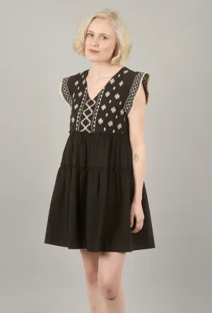 Embroidered-Bib Tiered Dress, Black