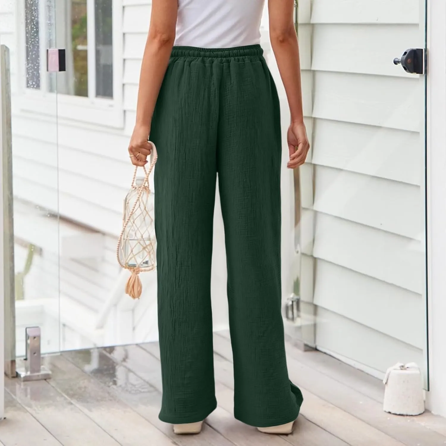 eoeioa Summer Beach Pants for Women Casual High Waisted Drawstring Linen Pants Lightweight Palazzo Trousers with Pockets