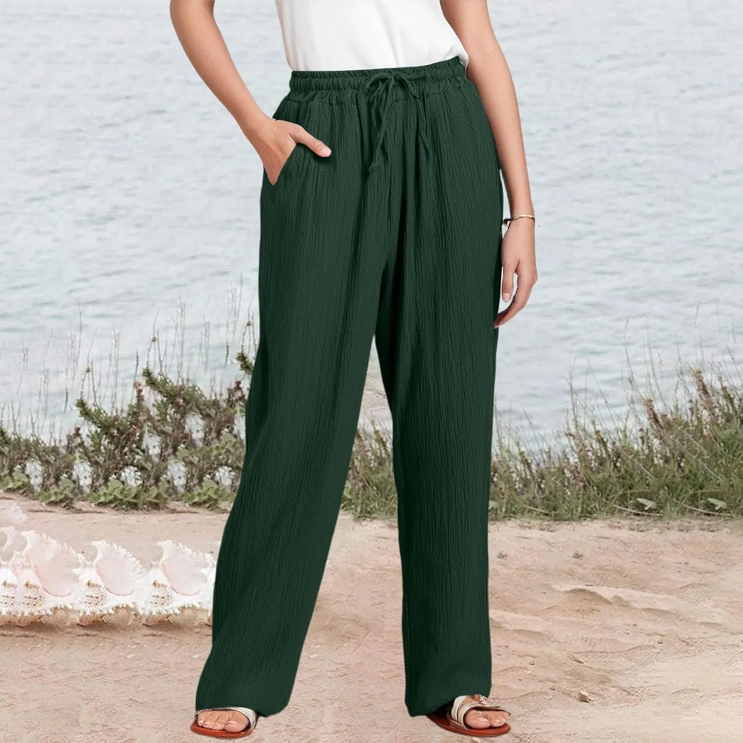 eoeioa Summer Beach Pants for Women Casual High Waisted Drawstring Linen Pants Lightweight Palazzo Trousers with Pockets