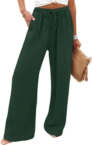 eoeioa Summer Beach Pants for Women Casual High Waisted Drawstring Linen Pants Lightweight Palazzo Trousers with Pockets