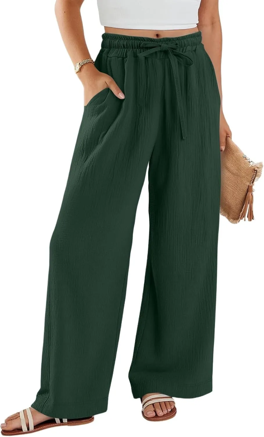 eoeioa Summer Beach Pants for Women Casual High Waisted Drawstring Linen Pants Lightweight Palazzo Trousers with Pockets