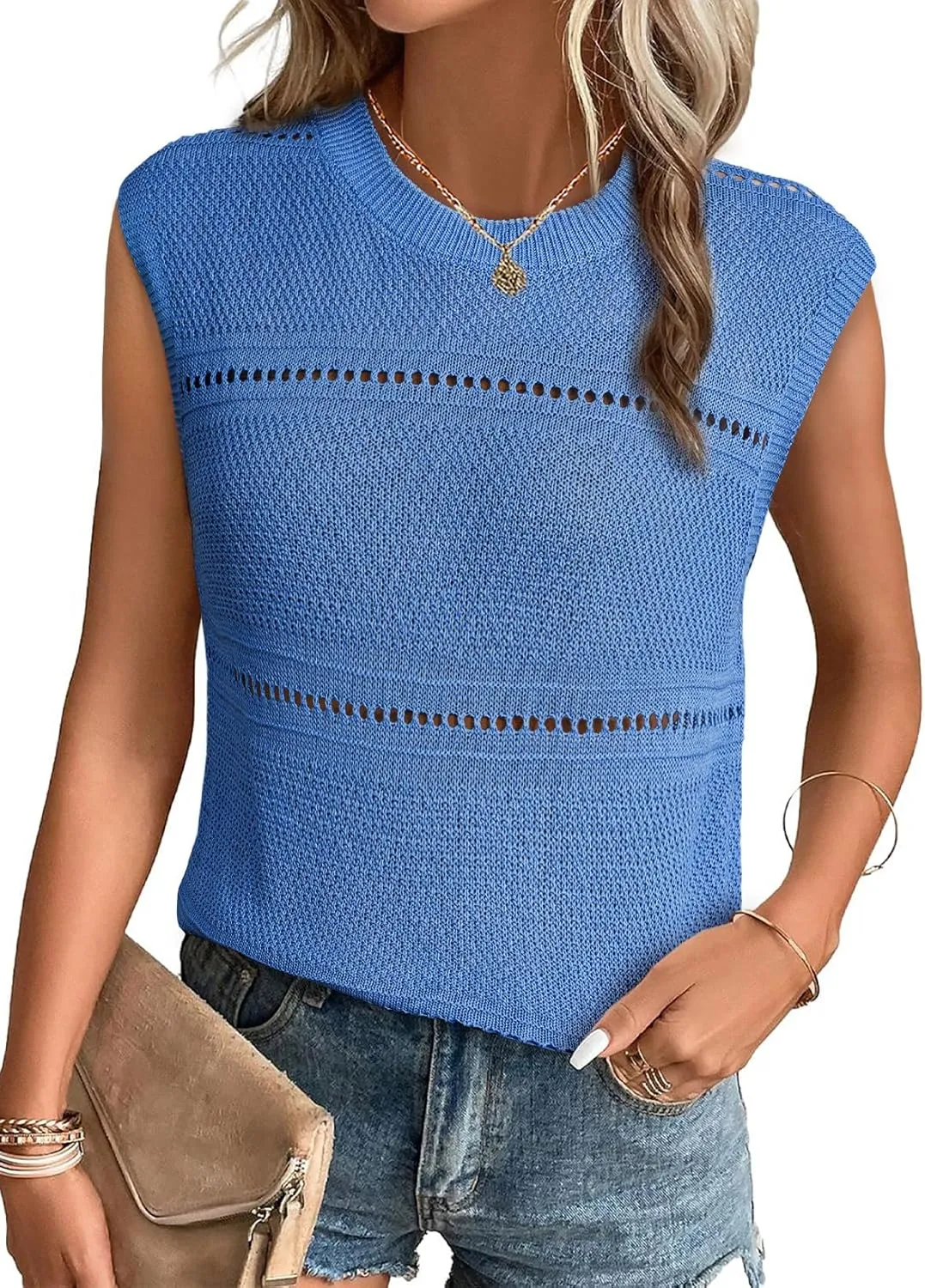 EVALESS Sexy Crochet Tank Top for Women Sweater Tank Tops 2025 Trendy Crewneck Sleeveless Summer Tops Hollow Out Knit Shirts