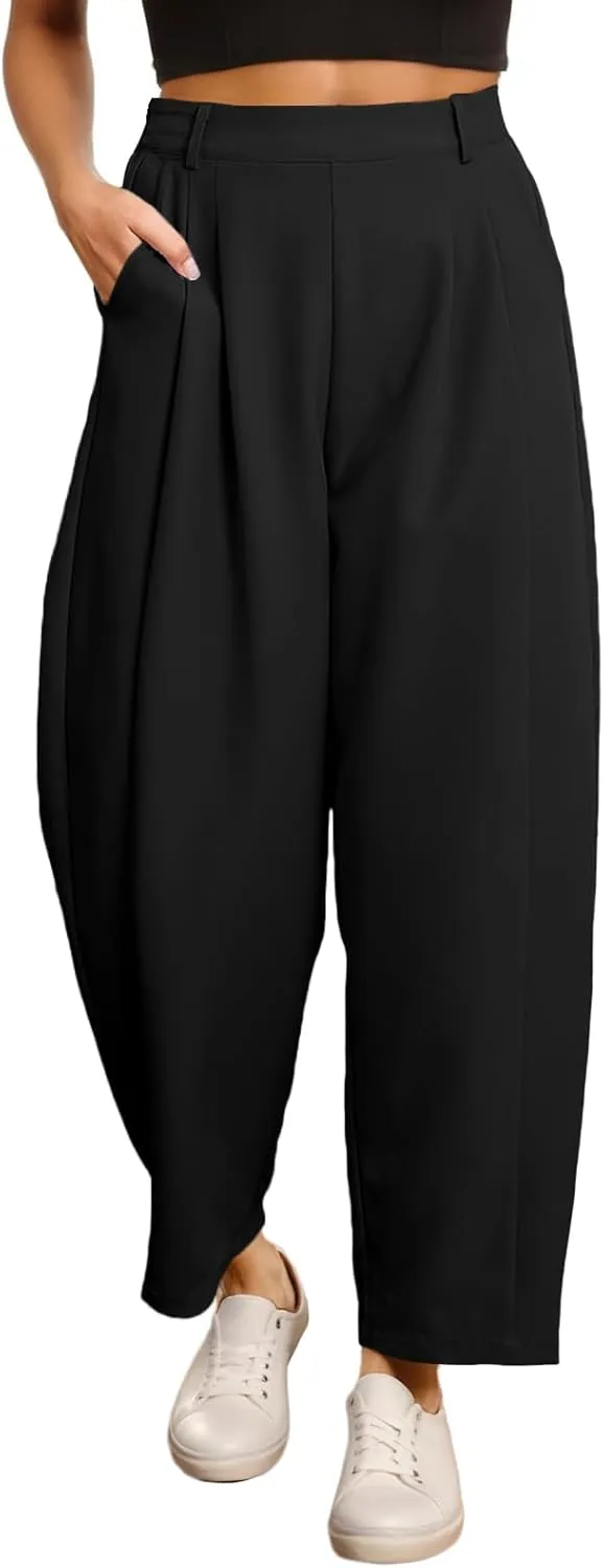 EVALESS Womens Wide Leg Barrel Pants Elastic High Waisted Trousers Business Work Casual Palazzo Pants with Pockets