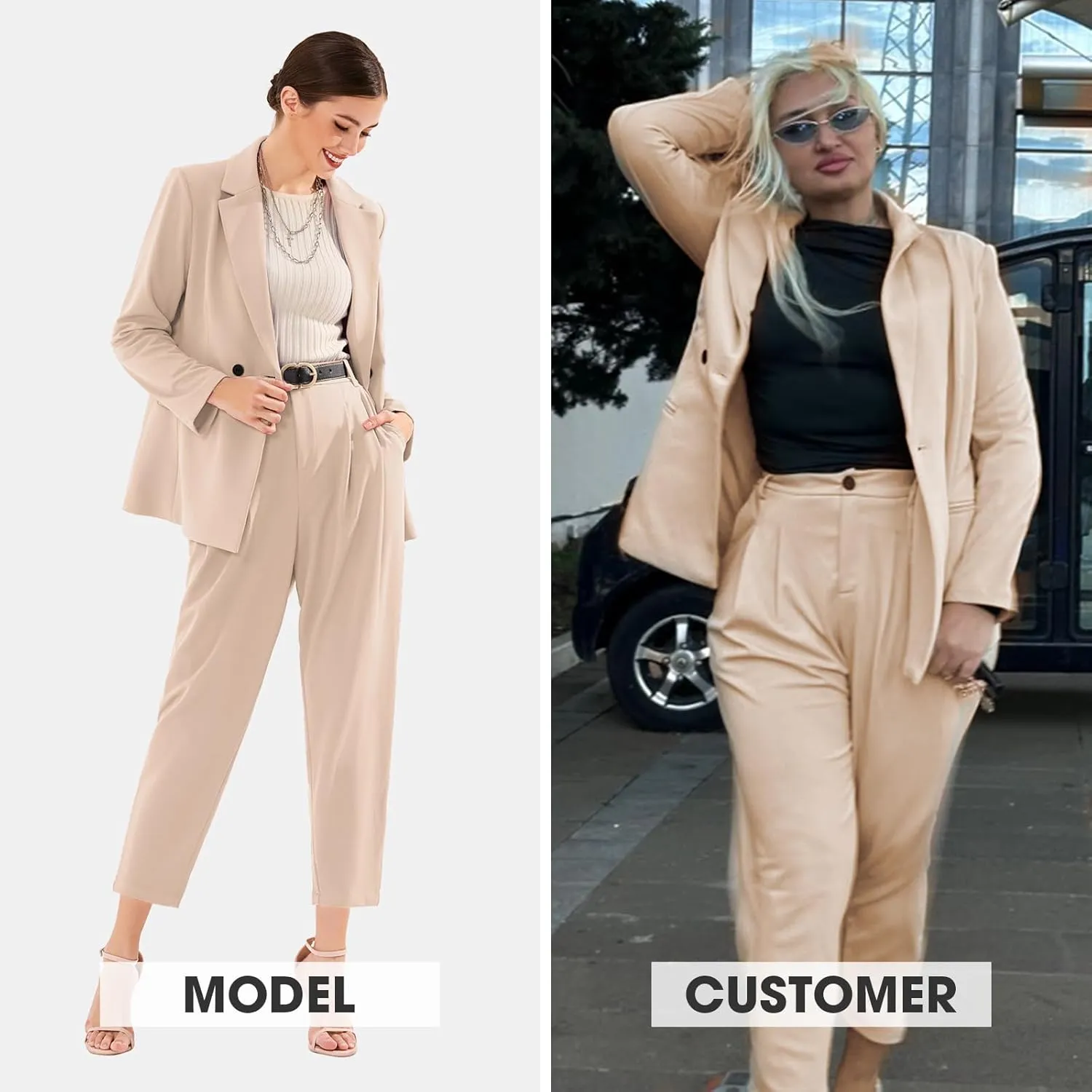 EXLURA Women's Business Blazer and High Elastic Waist Pant Suit Set Loose Fit Casual Fall Winter 2 Piece Suits for Work