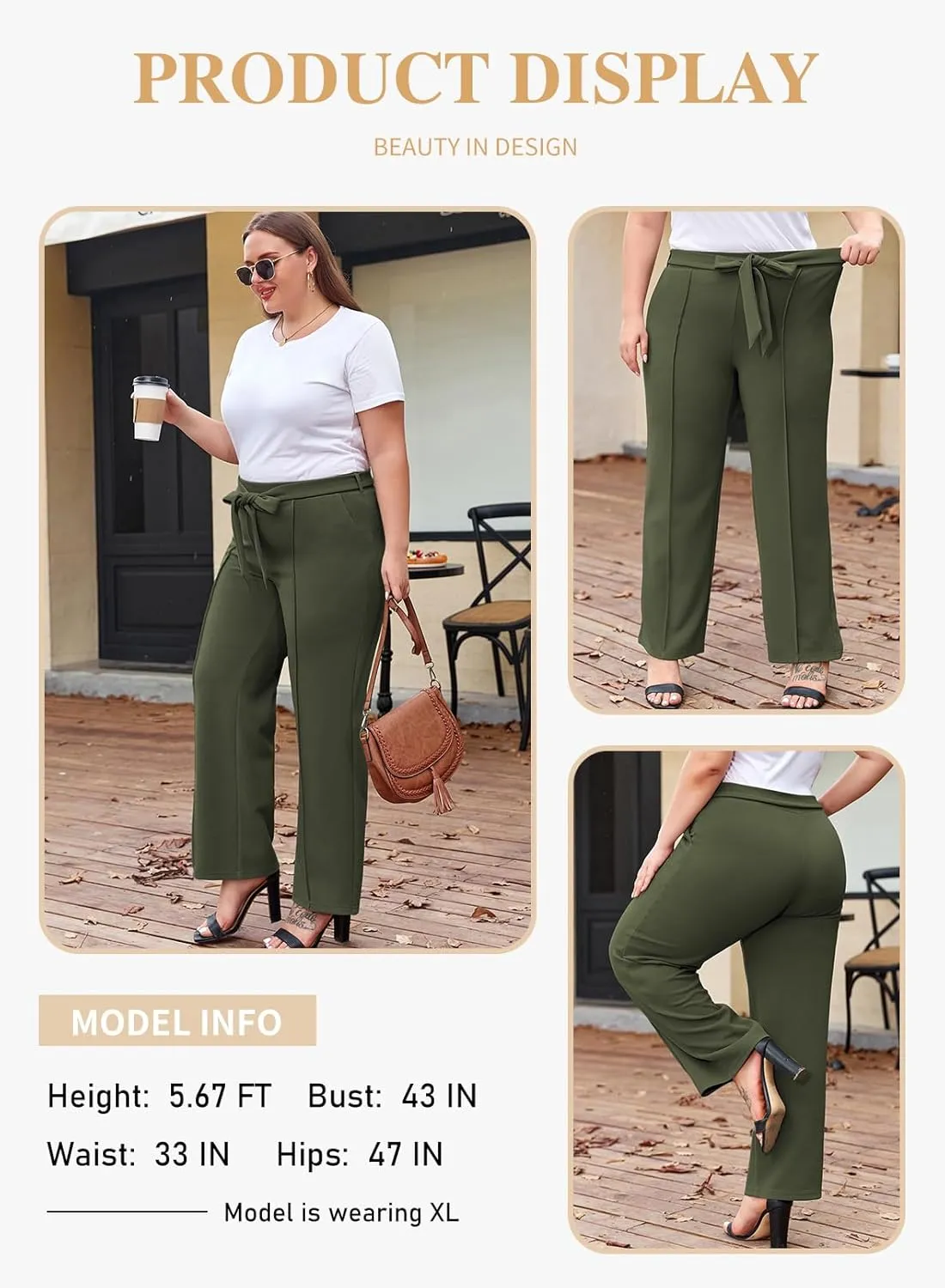 Eytino Plus Size Pants for Women Casual High Waisted Tie Knot Loose Work Pant Lounge Trousers with Pockets(1X-5X)