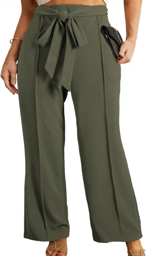 Eytino Plus Size Pants for Women Casual High Waisted Tie Knot Loose Work Pant Lounge Trousers with Pockets(1X-5X)