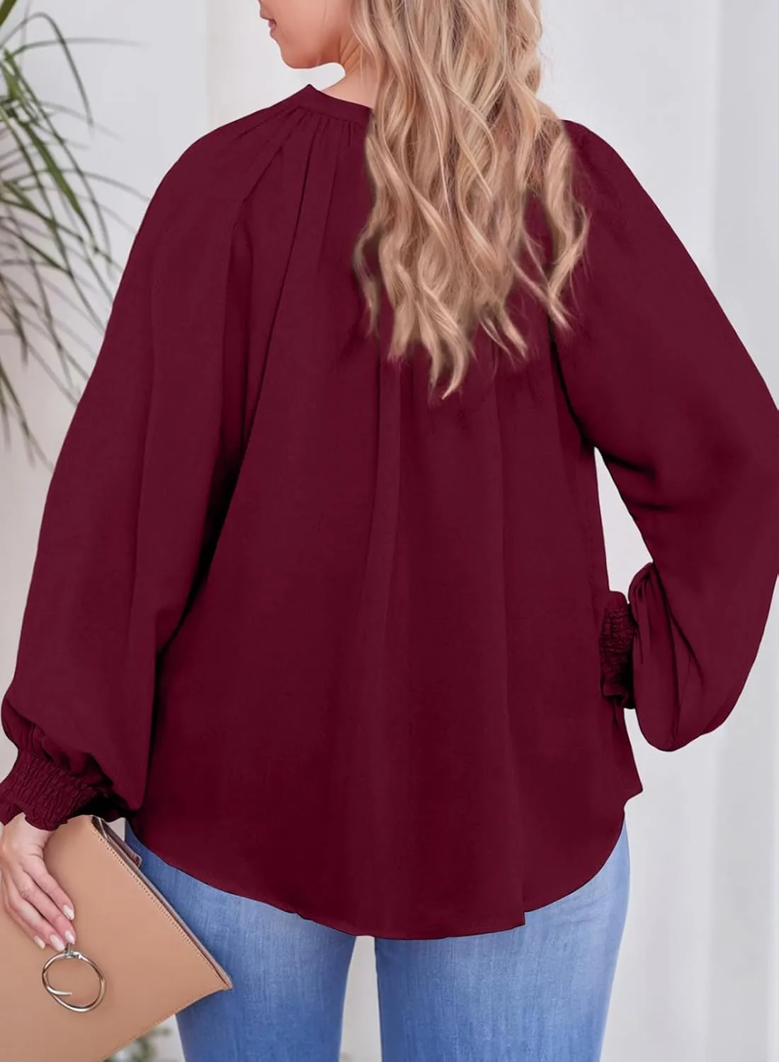 Eytino Womens Plus Size Tops Sexy V Neck Smocked Long Sleeve Casual Chiffon Blouse Flowy Work Shirts(1X-5X)