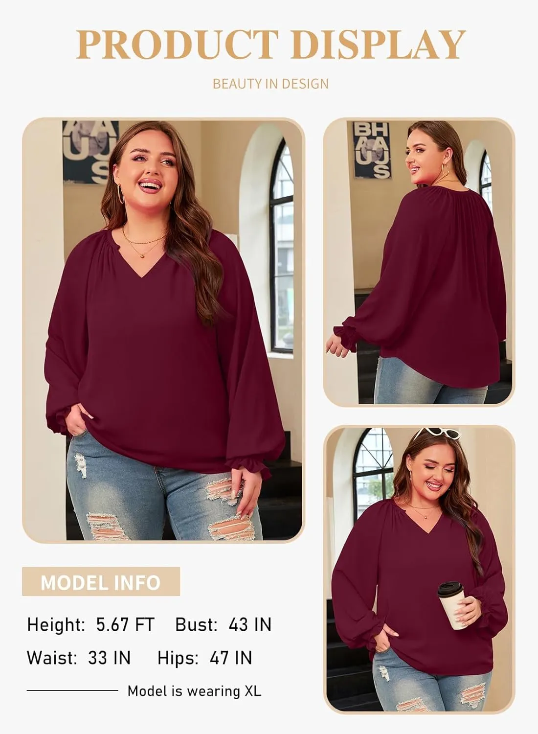 Eytino Womens Plus Size Tops Sexy V Neck Smocked Long Sleeve Casual Chiffon Blouse Flowy Work Shirts(1X-5X)