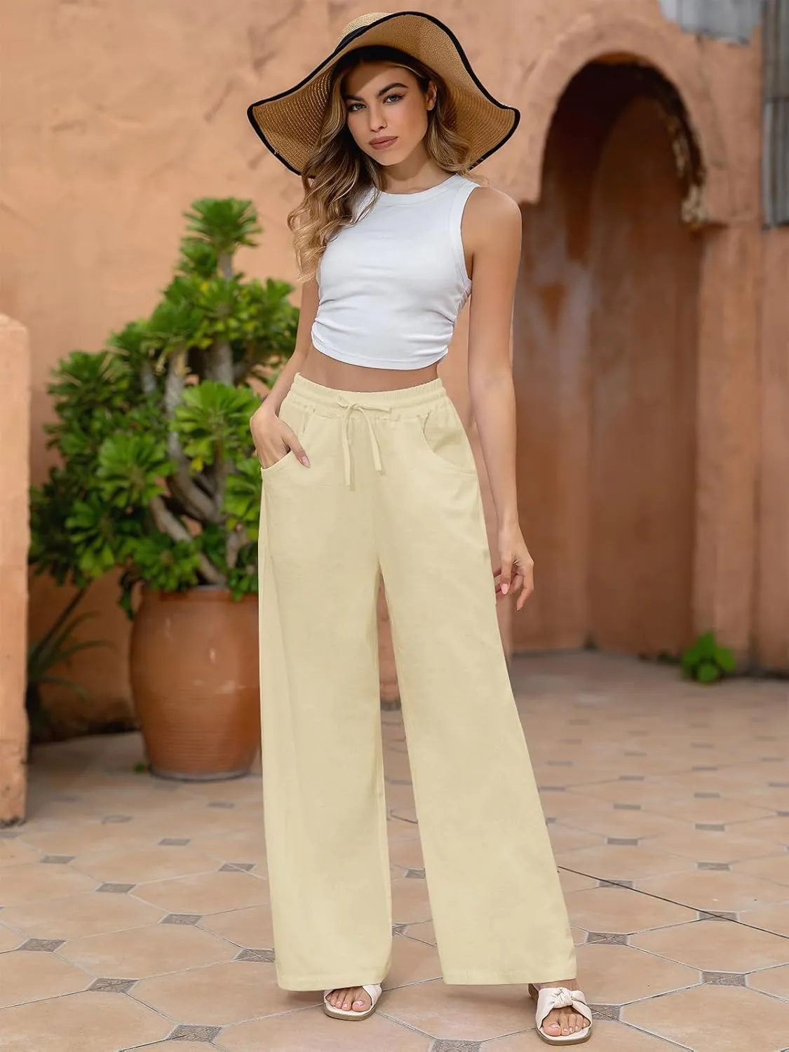 Fancysters Women Wide Leg Linen Pants, High Waisted Summer Casual Cotton Linen Palazzo Pants with Pockets