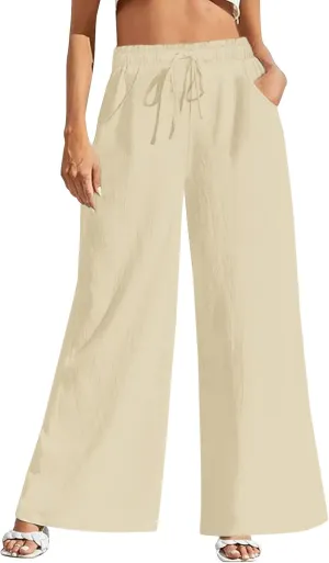 Fancysters Women Wide Leg Linen Pants, High Waisted Summer Casual Cotton Linen Palazzo Pants with Pockets