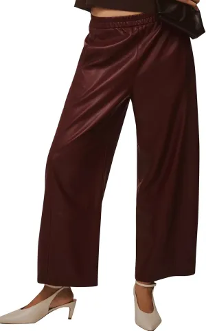 Faux Leather Pants for Women High Waist Wide Leg PU Leather Barrel Palazzo Trousers Pants with Pockets Brown Red XL