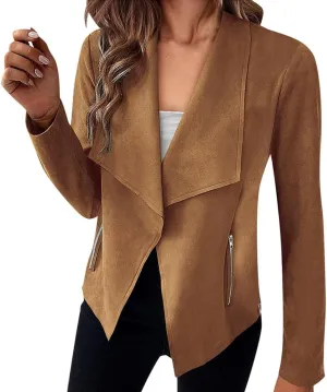 Faux Suede Leather Jackets for Women Motorcycle Moto Biker Short Open Front Tassel Coat