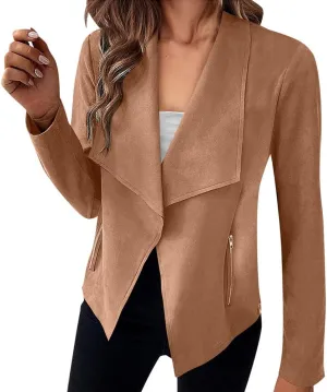 Faux Suede Leather Jackets for Women Motorcycle Moto Biker Short Open Front Tassel Coat