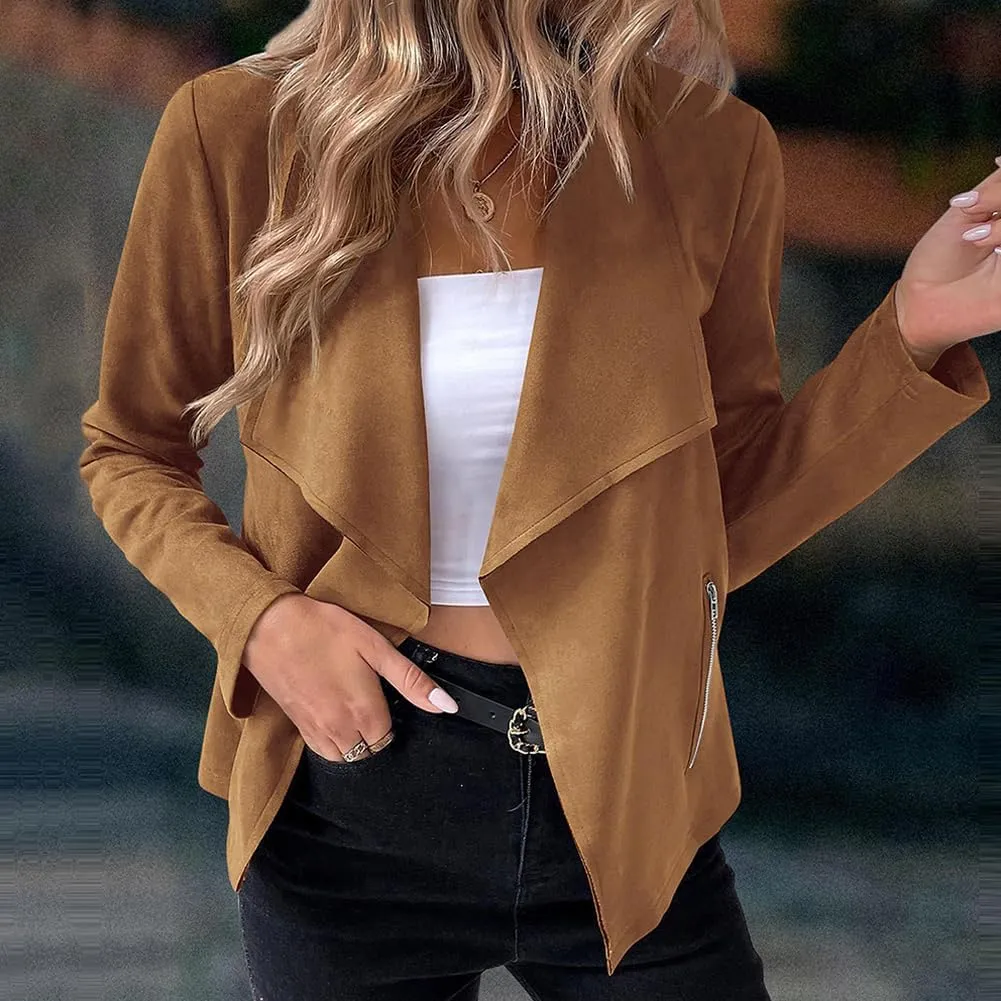 Faux Suede Leather Jackets for Women Motorcycle Moto Biker Short Open Front Tassel Coat