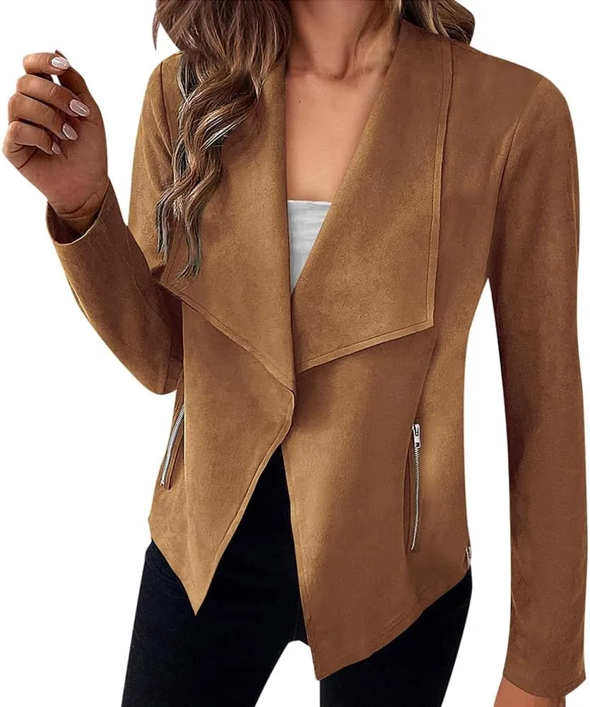 Faux Suede Leather Jackets for Women Motorcycle Moto Biker Short Open Front Tassel Coat