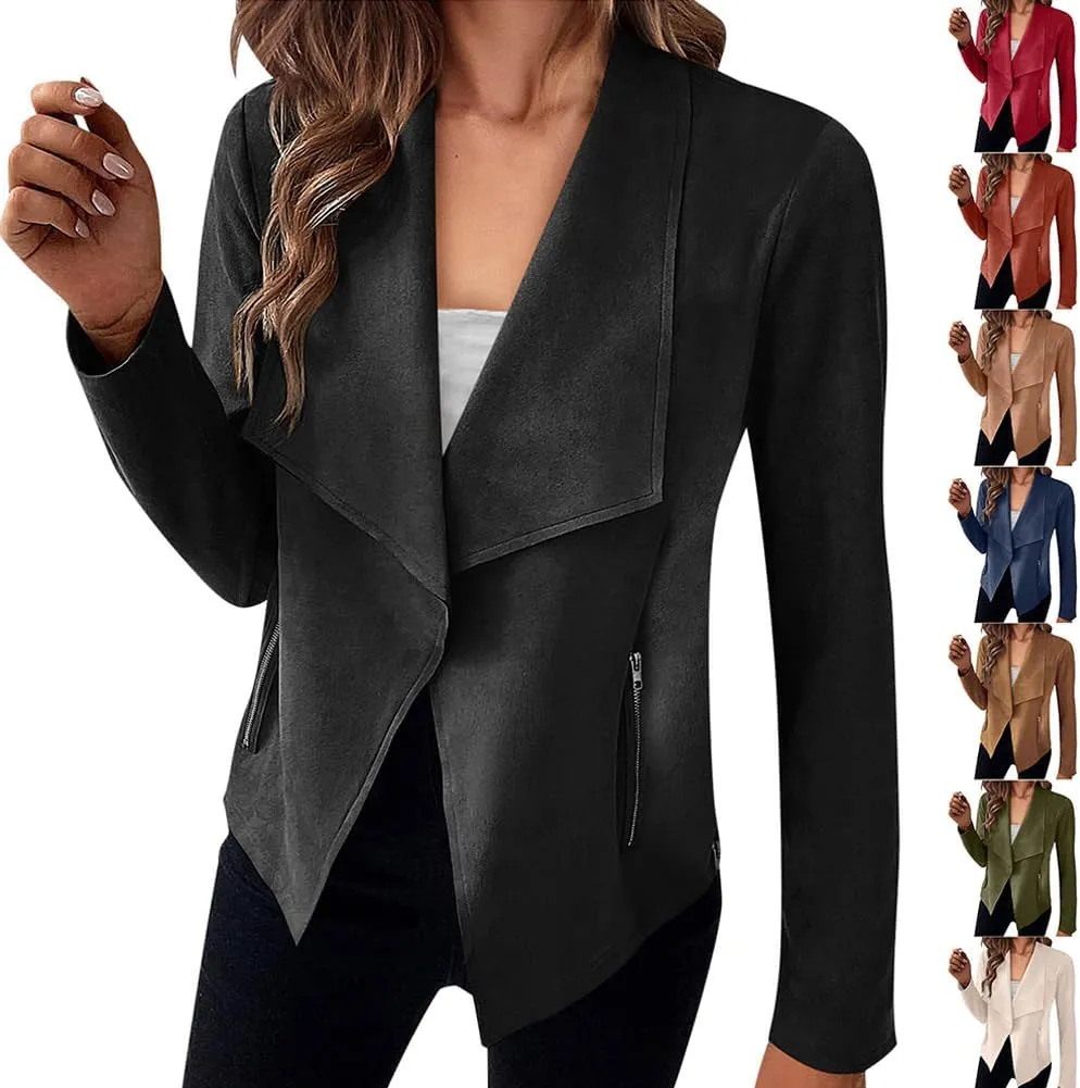 Faux Suede Leather Jackets for Women Motorcycle Moto Biker Short Open Front Tassel Coat