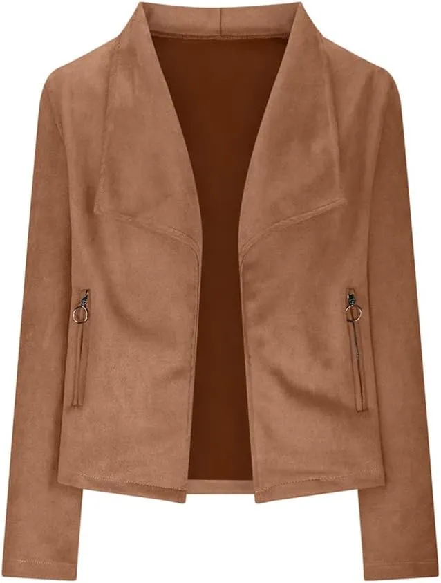 Faux Suede Leather Jackets for Women Motorcycle Moto Biker Short Open Front Tassel Coat