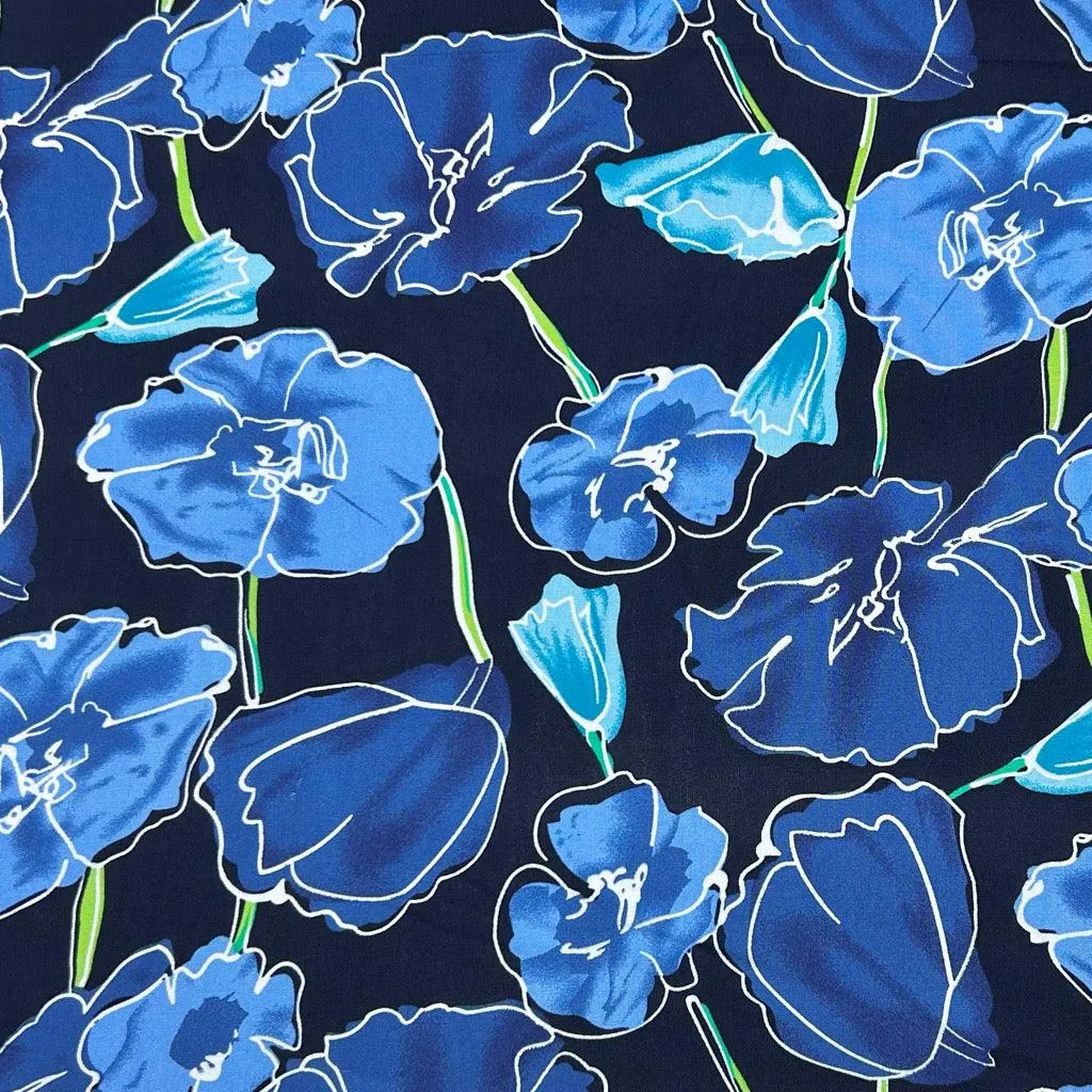 Flower Drawings on Black Viscose Challis Fabric