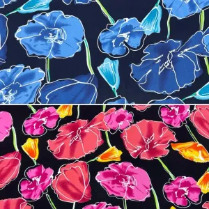 Flower Drawings on Black Viscose Challis Fabric