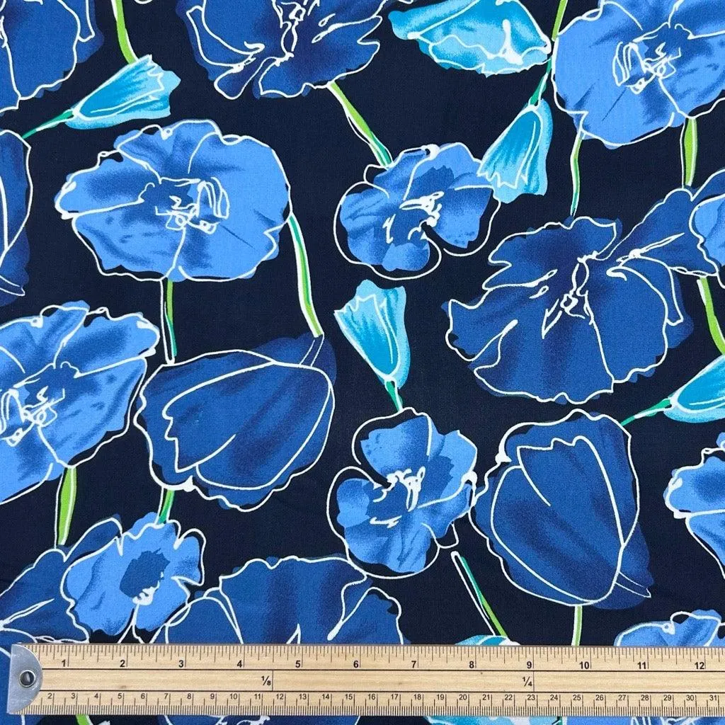 Flower Drawings on Black Viscose Challis Fabric