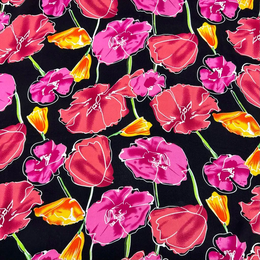 Flower Drawings on Black Viscose Challis Fabric