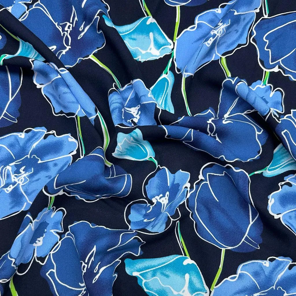 Flower Drawings on Black Viscose Challis Fabric
