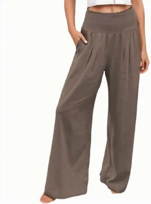 Flowy Pants for Women, Women Linen Pants Elastic High Waist Wide Leg Palazzo Lounge Trousers Casual Loose Beach Pants