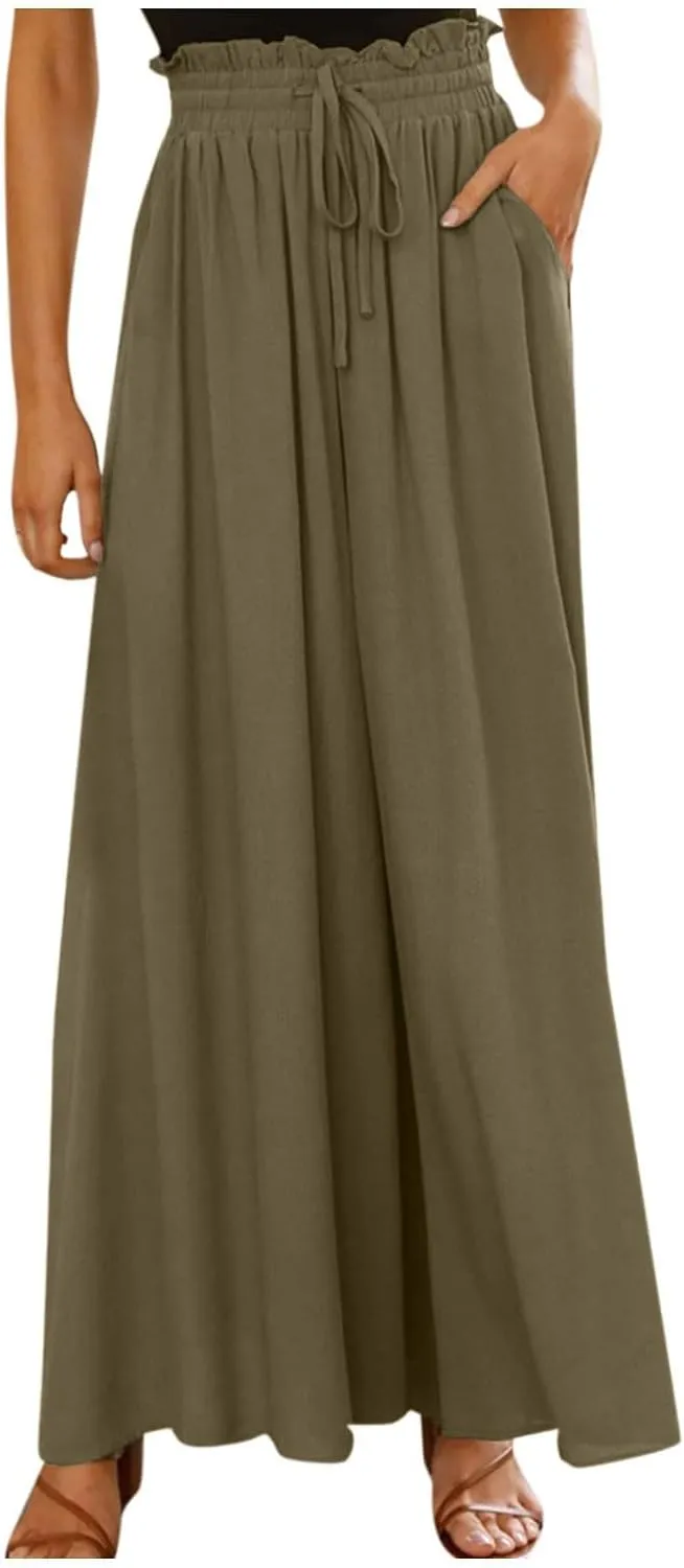 Flowy Wide Leg Pants for Women Ladies Chiffon High Waisted Palazzo Pants Comfy Paperbag Beach Pants with Pockets