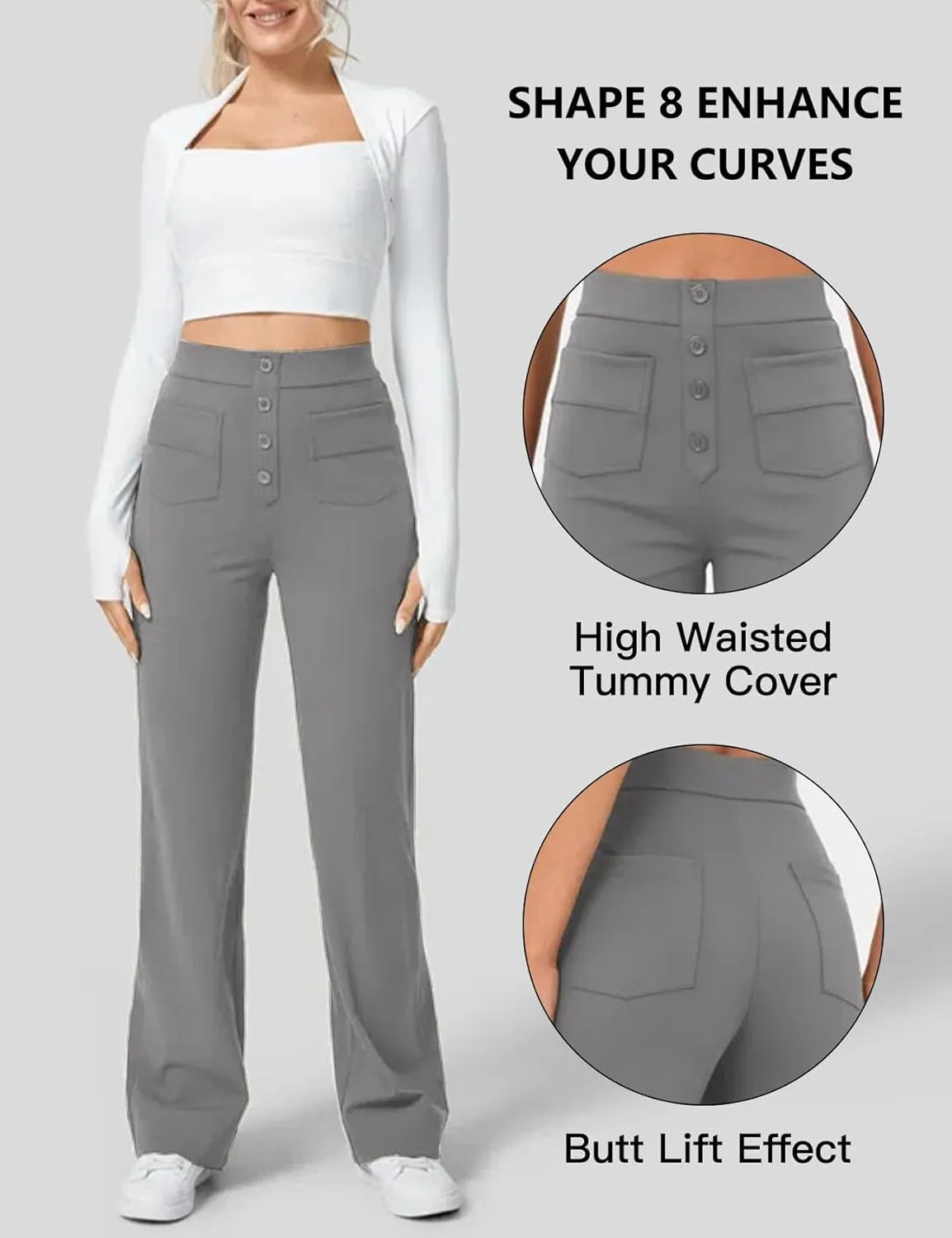 Flygo Womens High Waisted Multiple Pockets Straight Leg Flexipants Stretchy Work Trousers Button Down Casual Pants