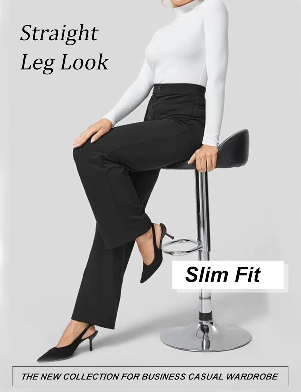 Flygo Womens High Waisted Multiple Pockets Straight Leg Flexipants Stretchy Work Trousers Button Down Casual Pants