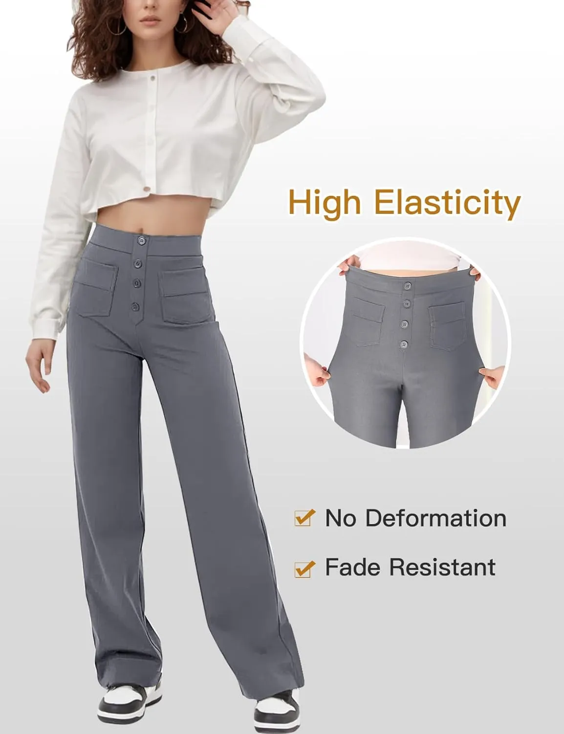 Flygo Womens High Waisted Multiple Pockets Straight Leg Flexipants Stretchy Work Trousers Button Down Casual Pants