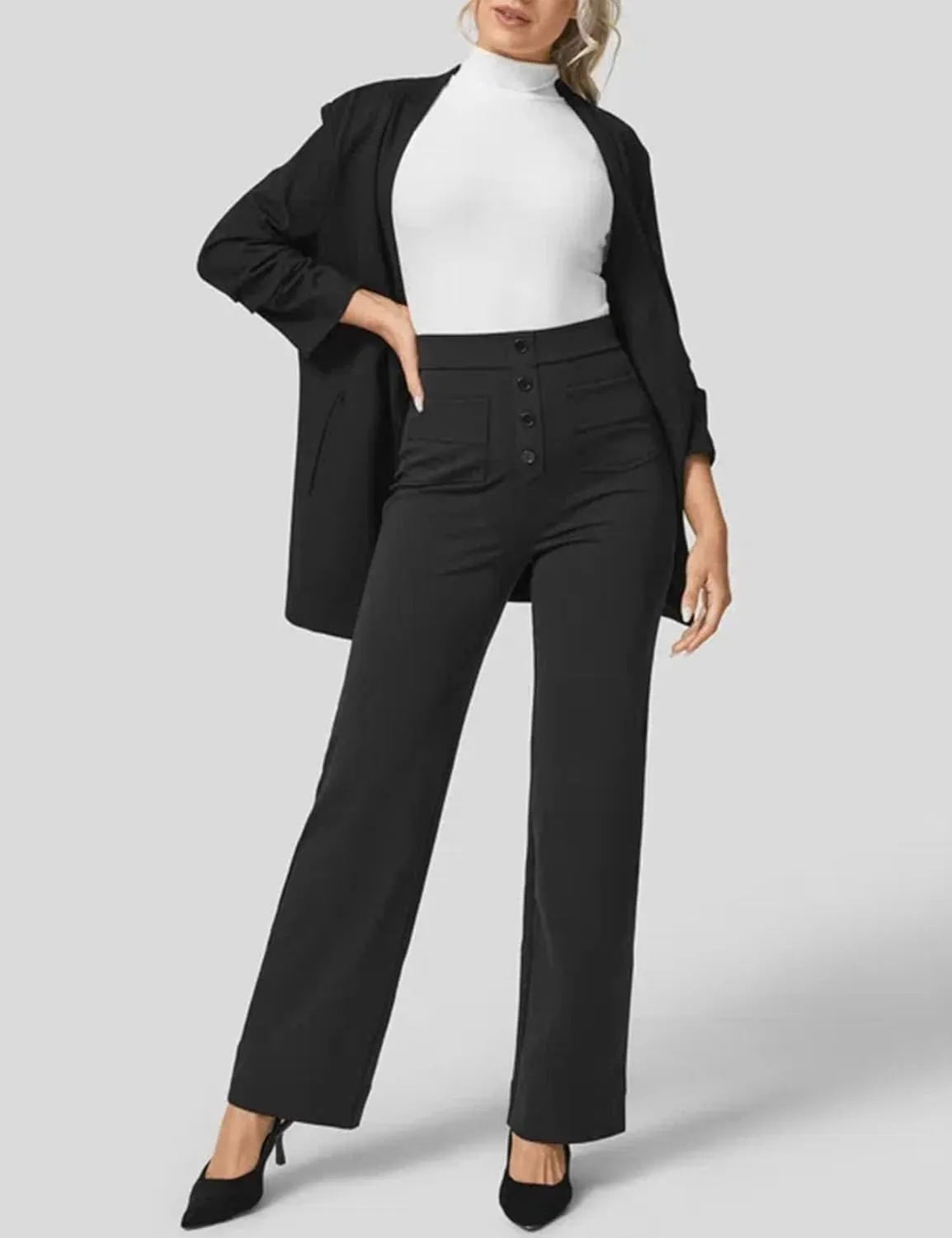 Flygo Womens High Waisted Multiple Pockets Straight Leg Flexipants Stretchy Work Trousers Button Down Casual Pants
