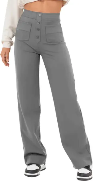 Flygo Womens High Waisted Multiple Pockets Straight Leg Flexipants Stretchy Work Trousers Button Down Casual Pants