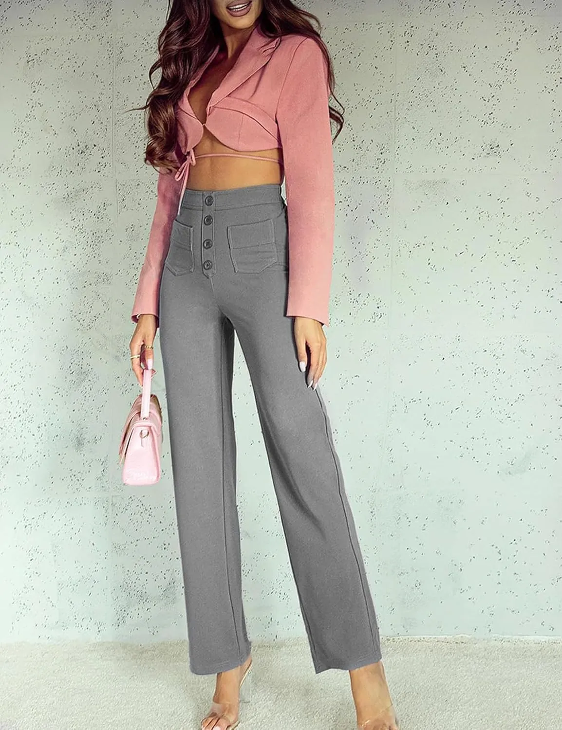 Flygo Womens High Waisted Multiple Pockets Straight Leg Flexipants Stretchy Work Trousers Button Down Casual Pants