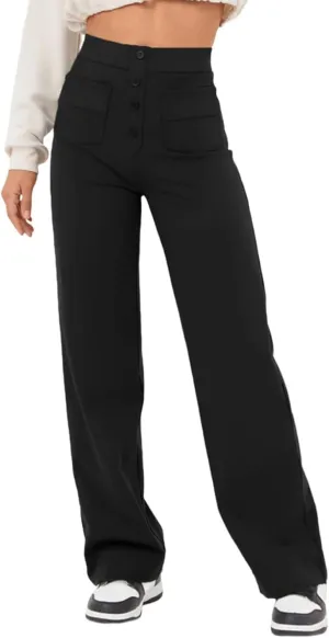 Flygo Womens High Waisted Multiple Pockets Straight Leg Flexipants Stretchy Work Trousers Button Down Casual Pants