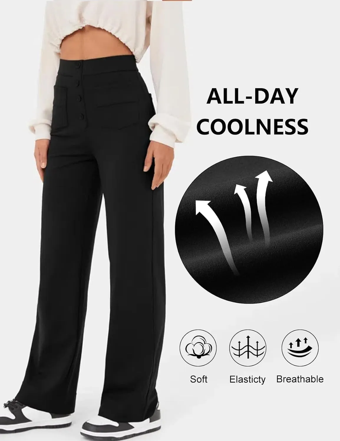 Flygo Womens High Waisted Multiple Pockets Straight Leg Flexipants Stretchy Work Trousers Button Down Casual Pants