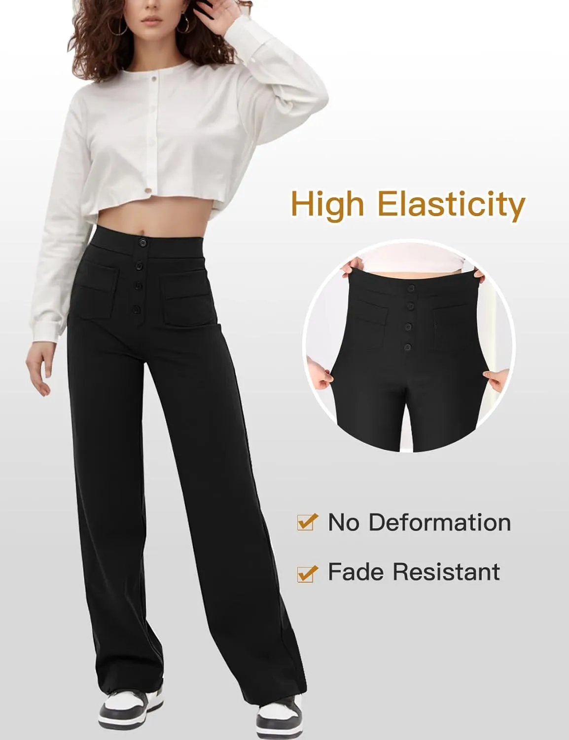 Flygo Womens High Waisted Multiple Pockets Straight Leg Flexipants Stretchy Work Trousers Button Down Casual Pants