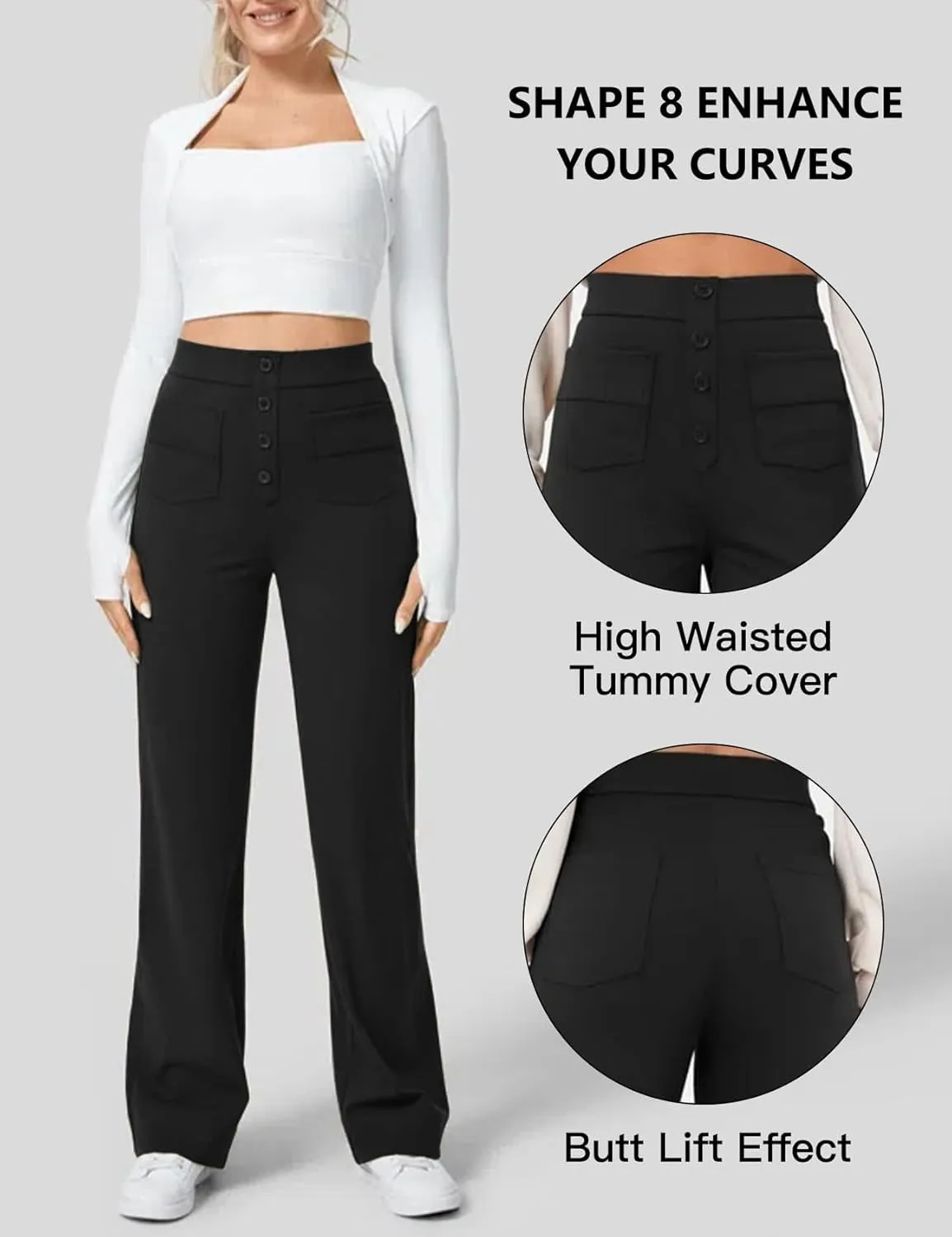 Flygo Womens High Waisted Multiple Pockets Straight Leg Flexipants Stretchy Work Trousers Button Down Casual Pants