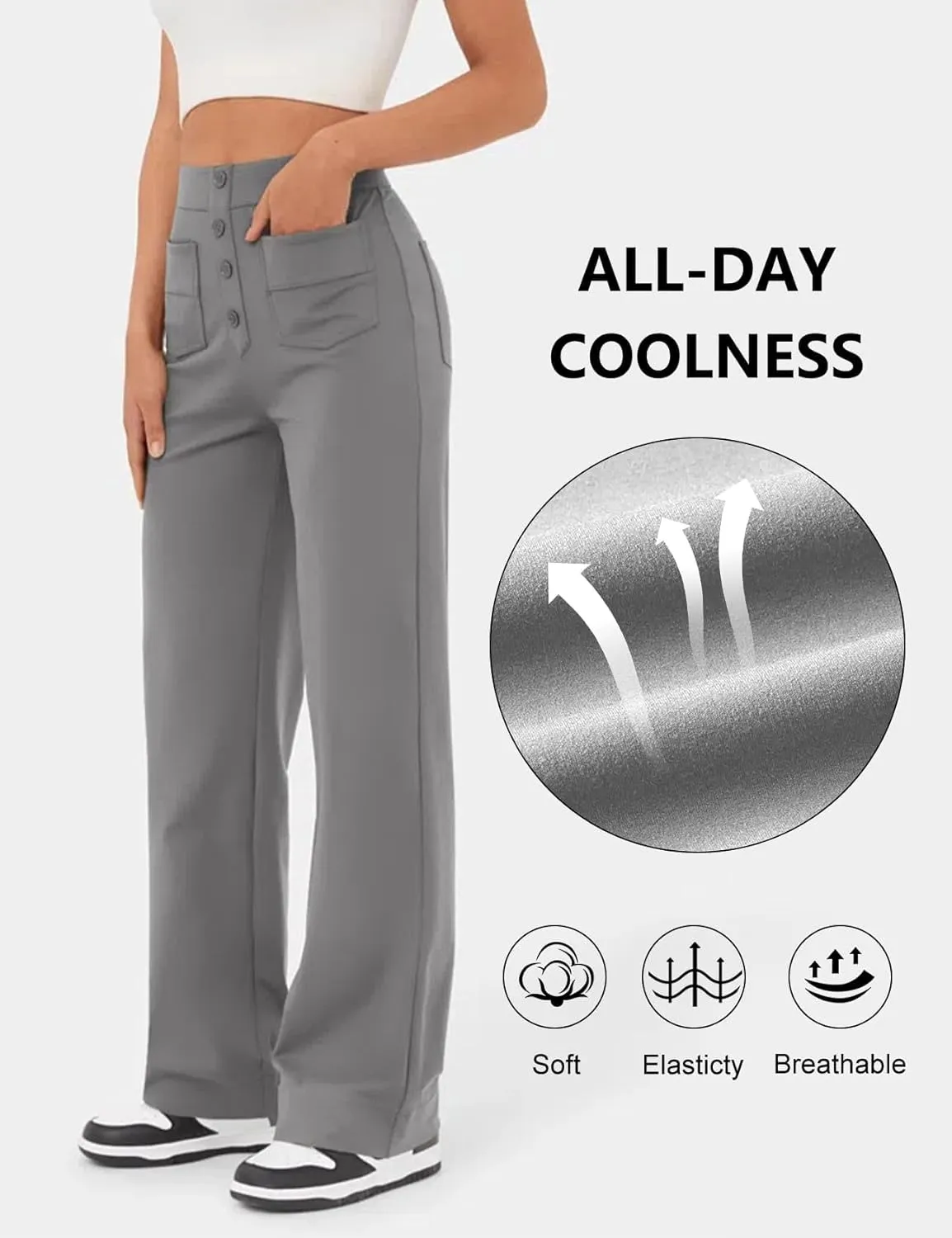 Flygo Womens High Waisted Multiple Pockets Straight Leg Flexipants Stretchy Work Trousers Button Down Casual Pants
