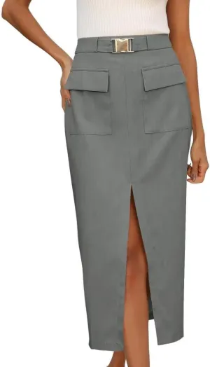 FMCHICO Women High Waisted Cargo Midi Skirt Trendy Summer Fall Pencil Slit Dressy Casual Business Work Skirts with Pockets